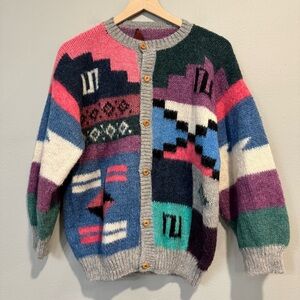 Hand Made Peru Knit Cardigan Sweater Wool Alpaca Artsy Colorful Tribal Boho M